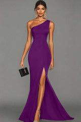 Dressystars Stunning Black Mermaid One Shoulder Long Satin Prom Dress With Slit