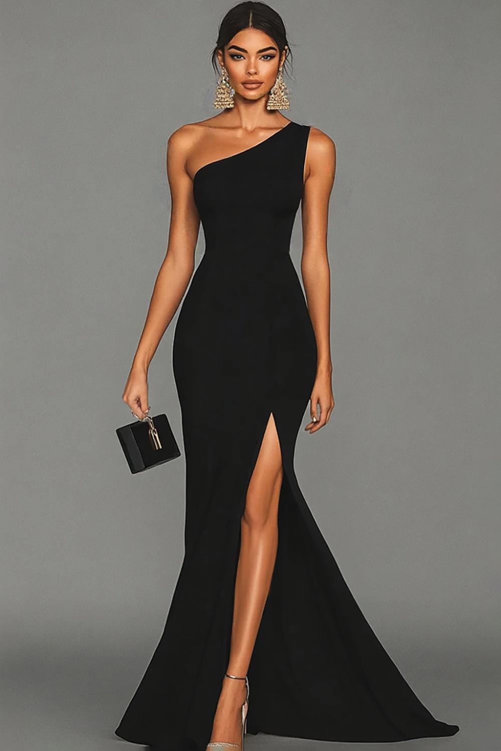 Dressystars Stunning Black Mermaid One Shoulder Long Satin Prom Dress With Slit