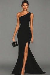 Dressystars Stunning Black Mermaid One Shoulder Long Satin Prom Dress With Slit