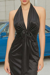 Dressystars Stunning Black Satin Halter Neck Sheath Ruched Long Prom Dress