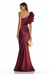 Dressystars Stunning Burgundy One Shoulder Mermaid Long Satin Prom Dress With 3D Flower