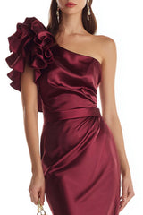 Dressystars Stunning Burgundy One Shoulder Mermaid Long Satin Prom Dress With 3D Flower
