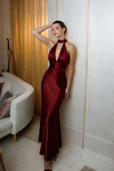 Dressystars Stunning Burgundy Sheath Halter Long Satin Prom Dress