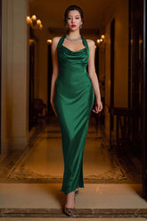 Dressystars Stunning Dark Green Halter Sheath Long Satin Prom Dress