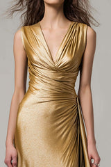 Dressystars Stunning Gold V-Neck Ruched Mermaid Long Prom Dress