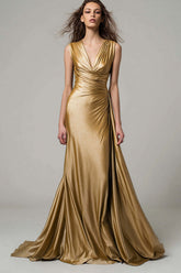 Dressystars Stunning Gold V-Neck Ruched Mermaid Long Prom Dress
