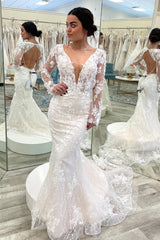 Stunning Mermaid Deep V-Neck White Long Wedding Dress with Sleeves