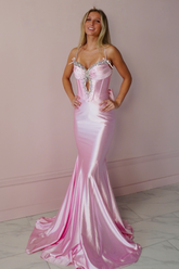 Stunning Mermaid Spaghetti Straps Pink Corset Prom Dress With Keyhole Beading Formal Evening Gown