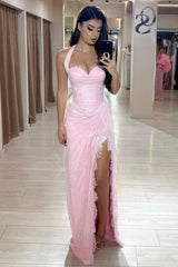 Stunning Pink Ruched Corset Lace Mermaid Prom Dress With Halter Neck & Slit Formal Evening Gown