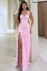Stunning Pink Ruched Corset Lace Mermaid Prom Dress With Halter Neck & Slit Formal Evening Gown