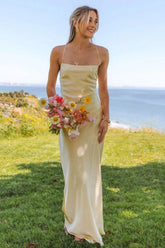 Stunning Sheath Spaghetti Straps Yellow Long Prom Dress With Criss Cross Back Formal Evening Gown