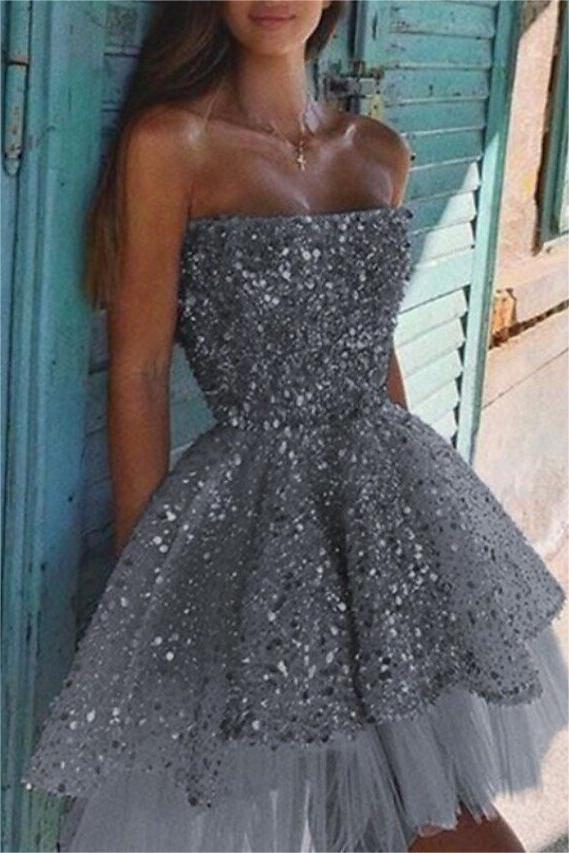 Stunning Silver Homecoming Dress Sequined Strapless Sleeveless A-Line Short Cocktail Dress