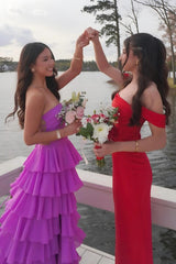 Dressystars Stylish A Line Strapless Purple Long Prom Dress With Ruffles Split Front Formal Evening Gown