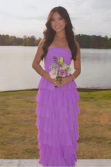 Dressystars Stylish A Line Strapless Purple Long Prom Dress With Ruffles Split Front Formal Evening Gown