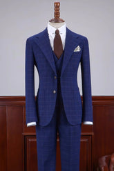 Stylish Dark Blue Plaid Notched Lapel 3 Piece Business Suit