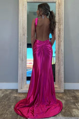 Fuchsia Metallic Mermaid Prom Dress With Slit And Open Back Formal Evening Gown