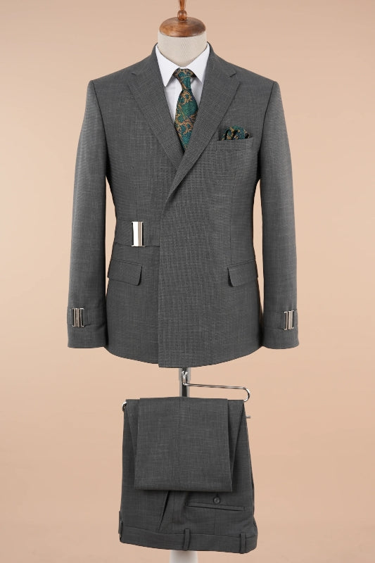 Stylish Gray Notched Lapel Slim Fit 2 Piece Prom Suit