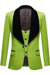 Stylish Green 3 Piece Jacquard Wedding Suit with Black Velvet Shawl Lapel