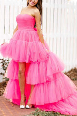 Stylish High Low Strapless Fuchsia Homecoming Dresses Cocktail Dresses with Ruffles