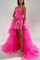 Stylish High Low Strapless Fuchsia Prom Dress Evening Dress with Ruffles