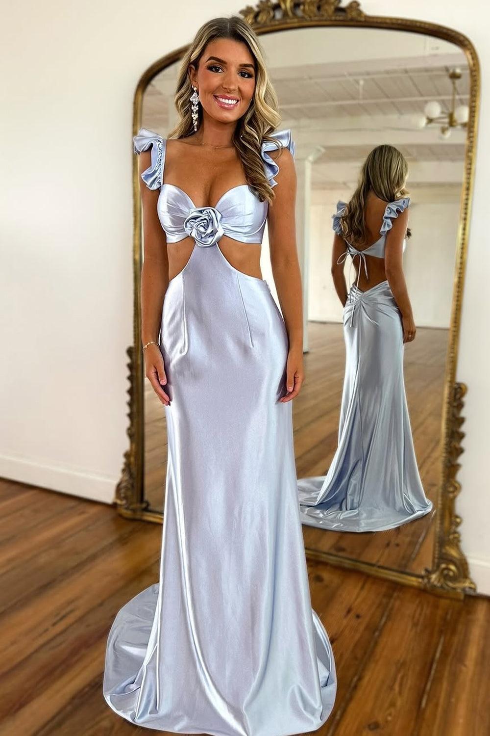 Stylish Mermaid Satin Prom Dress With Waist Hollow Design Long Silhouette And Floral Accent Formal Evening Gown