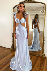 Stylish Mermaid Satin Prom Dress With Waist Hollow Design Long Silhouette And Floral Accent Formal Evening Gown