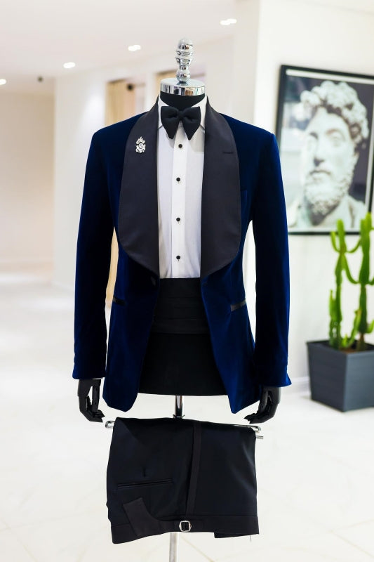 Stylish Navy Blue Shawl Lapel 2 Piece Velvet Wedding Suit