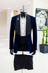 Stylish Navy Blue Shawl Lapel 2 Piece Velvet Wedding Suit