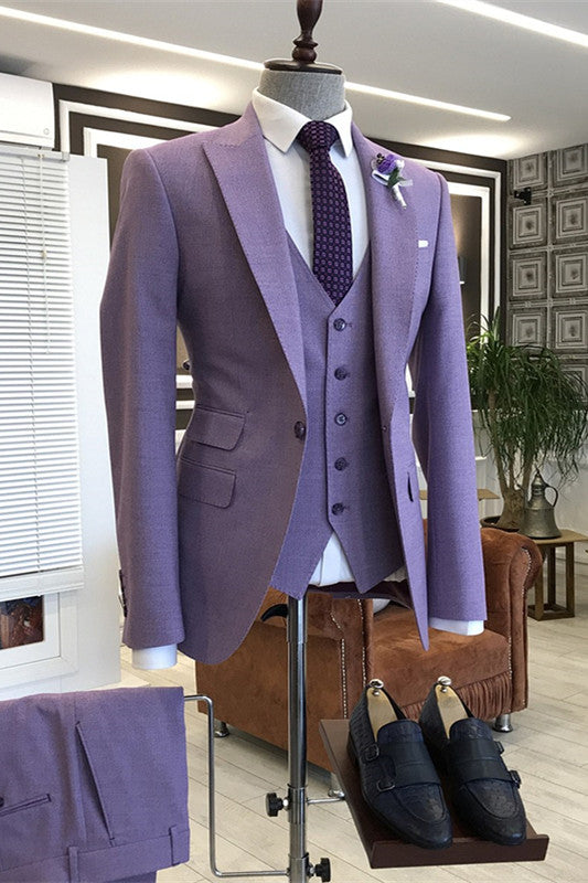 Stylish Purple Peaked Lapel 3 Piece Prom Suit