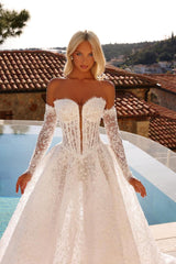 Sweetheart A Line Wedding Dress Beaded Lace Appliqued Bridal Gown with Gloves