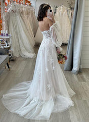 Sweetheart A Line Wedding Dress with Long Sleeves Sweep Train Tulle Fabric and Appliques Lace
