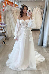 Sweetheart A Line Wedding Dress with Long Sleeves Sweep Train Tulle Fabric and Appliques Lace
