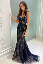 Sweetheart Black Prom Dress Lace Appliques Mermaid Evening Dress
