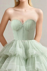 Sweetheart Corset A Line Sage Wedding Guest Dress Tulle Tiered Long Prom Dress With Ruffles