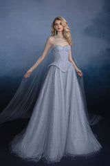 Sweetheart Corset Dress A Line Grey Tulle Prom Dress with Beadings and Rhinestones