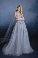 Sweetheart Corset Dress A Line Grey Tulle Prom Dress with Beadings and Rhinestones