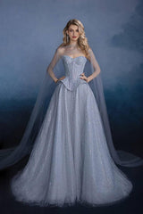 Sweetheart Corset Dress A Line Grey Tulle Prom Dress with Beadings and Rhinestones
