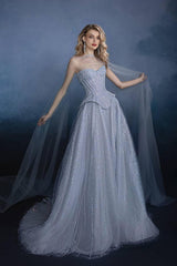 Sweetheart Corset Dress A Line Grey Tulle Prom Dress with Beadings and Rhinestones