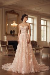 Sweetheart Corset Wedding Dress A Line Lace Appliqued Bridal Gown