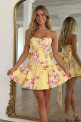 Sweetheart Floral Print Corset Short Dress with Giant Back Bow Homecoming Dresses