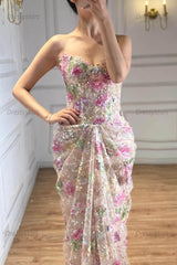 Sweetheart Floral Prom Dress Mermaid Tulle Lace Up Back Formal Gown