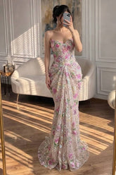 Sweetheart Floral Prom Dress Mermaid Tulle Lace Up Back Formal Gown