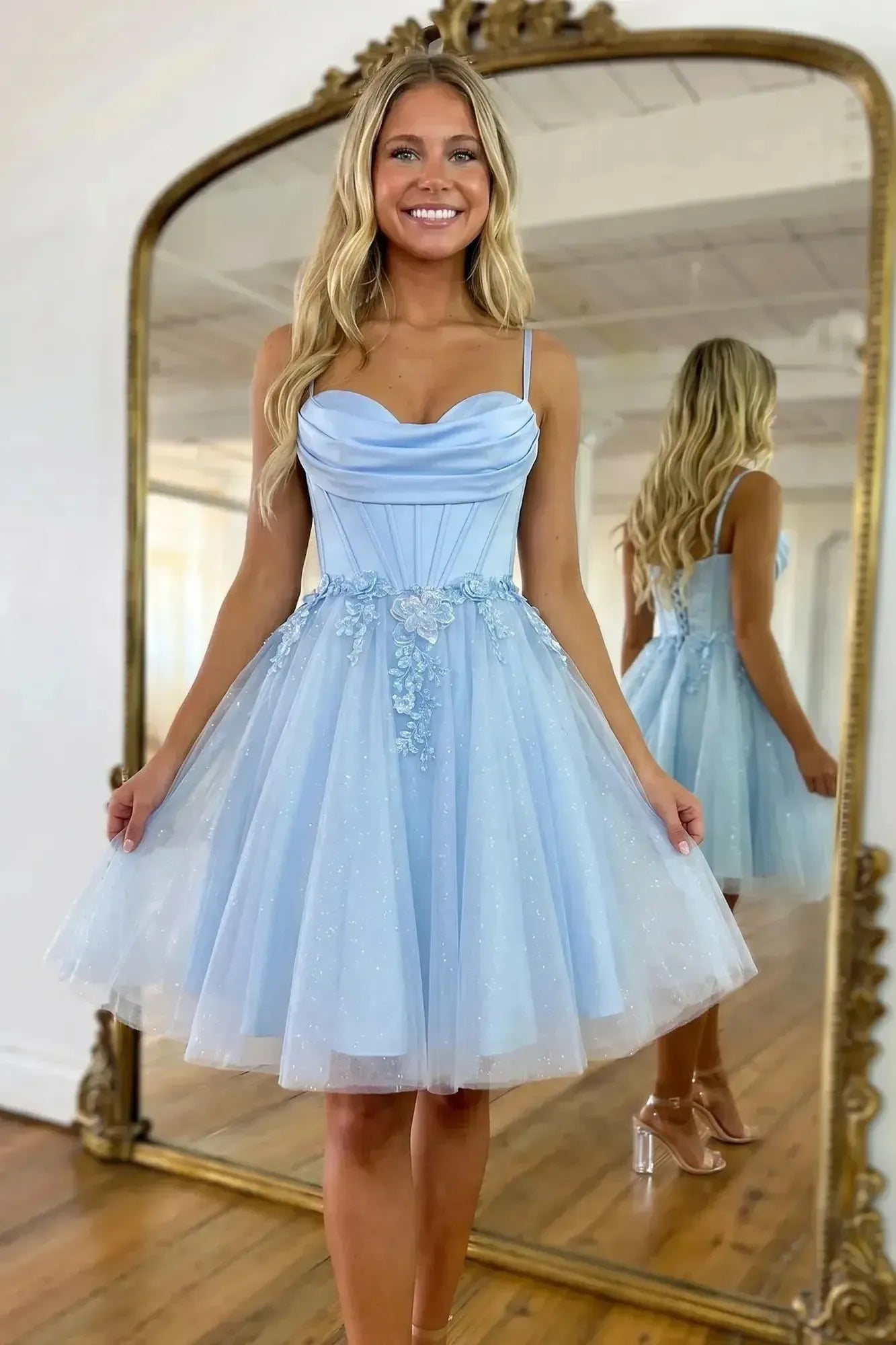 Sweetheart Glitter Tulle Mini Dress with 3D Floral Waist Detail Homecoming Dresses