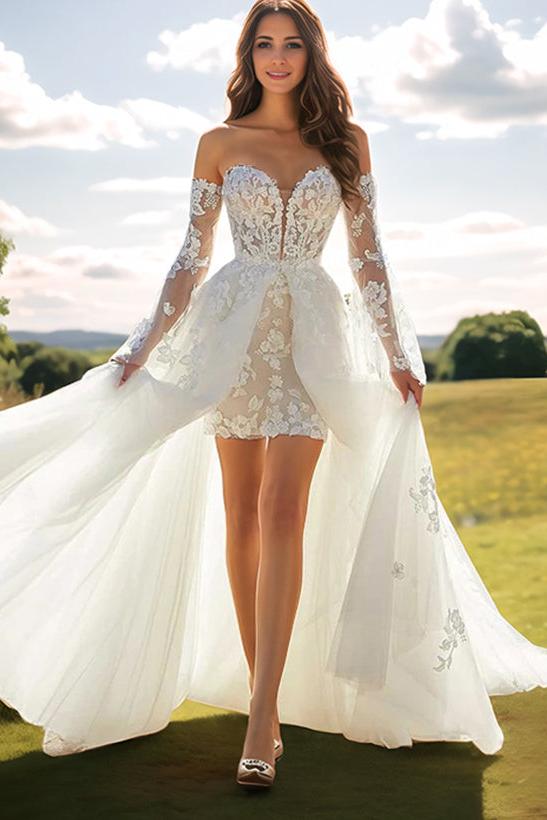 Sweetheart Long Sleeves Lace Wedding Dress With Detachable Train