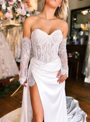 Sweetheart Long Sleeves Satin Wedding Dress With Split Front