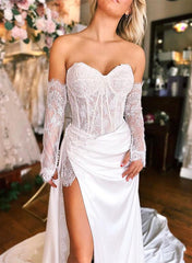 Sweetheart Long Sleeves Satin Wedding Dress With Split Front