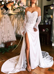 Sweetheart Long Sleeves Satin Wedding Dress With Split Front