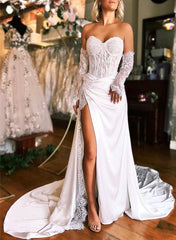 Sweetheart Long Sleeves Satin Wedding Dress With Split Front