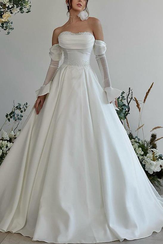 Sweetheart Long Sleeves Silk Like Satin Wedding Dress With Beading