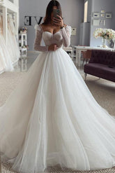 Sweetheart Long Sleeves Sweep Train Tulle Wedding Dress